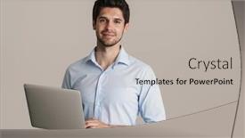  Presentation with gold man smile - Presentation theme enhanced with image-of-smiling-businesslike-brunette background and a light gray colored foreground