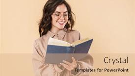  Presentation with beige book - Cool new slides with image-of-smiling-caucasian-woman backdrop and a coral colored foreground