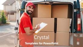  Presentation with red - Audience pleasing PPT theme consisting of image-of-smiling-delivery-man backdrop and a coral colored foreground