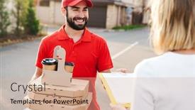  Presentation with food order - Cool new PPT theme with image-of-smiling-delivery-man backdrop and a coral colored foreground