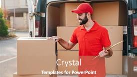  Presentation with boxes - Presentation theme with image-of-smiling-delivery-man background and a coral colored foreground