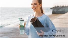  Presentation with water sports - Slide deck with image of smiling happy young sports woman outdoors on beach walking holding fitness rug drinking water background and a seafoam green colored foreground