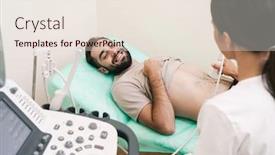  Presentation with abdominal - Beautiful slide deck featuring image of smiling man getting abdominal ultrasound scan by female doctor in medical uniform at hospital backdrop and a lemonade colored foreground