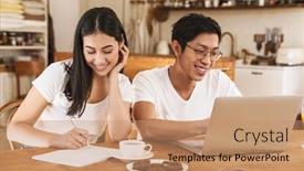  Presentation with planner - Beautiful PPT theme featuring image-of-smiling-multicultural-couple backdrop and a coral colored foreground