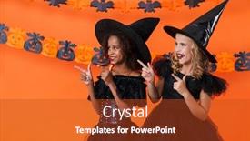  Presentation with black girls - Theme having image of smiling multinational girls in black halloween costumes hugging and pointing fingers aside isolated over orange pumpkin wall background and a crimson colored foreground
