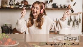  Presentation with dinner - PPT layouts with image-of-smiling-nice-woman background and a coral colored foreground