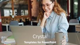  Presentation with laptop wireless - PPT theme with image-of-smiling-nice-woman background and a gray colored foreground