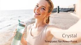  Presentation with water sports - Audience pleasing PPT layouts consisting of image of smiling pleased young sports woman outdoors on beach drinking water take a selfie by camera backdrop and a lemonade colored foreground