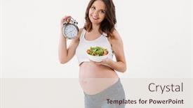  Presentation with pregnant woman - Amazing presentation having image of smiling pregnant woman standing isolated while eating vitamin salad over white background looking camera holding clock alarm backdrop and a lemonade colored foreground