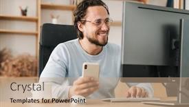  Presentation with eyeglasses - Beautiful presentation design featuring image-of-smiling-programmer-man backdrop and a coral colored foreground