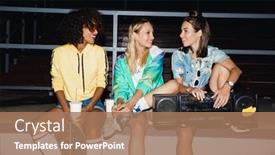  Presentation with girls night - Theme with image of smiling roller girls sitting together with skateboard and boombox player at night outdoors background and a coral colored foreground