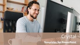  Presentation with eyeglasses - Cool new slide set with image-of-smiling-unshaven-programmer backdrop and a coral colored foreground