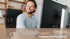  Presentation with eyeglasses - Amazing presentation theme having image-of-smiling-unshaven-programmer backdrop and a coral colored foreground