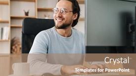  Presentation with eyeglasses - PPT theme with image-of-smiling-unshaven-programmer background and a coral colored foreground