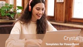  Presentation with laptop wireless - Audience pleasing PPT layouts consisting of image-of-smiling-woman-using backdrop and a coral colored foreground