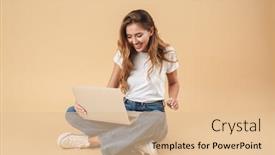  Presentation with creeper image - PPT theme having image of smiling woman wearing casual clothing using silver laptop while sitting on floor with legs crossed isolated over beige background background and a lemonade colored foreground