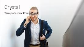  Presentation with upstairs - Presentation design consisting of image-of-smiling-young-businessman background and a white colored foreground