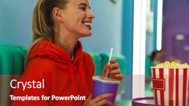  Presentation with beverage - Colorful PPT theme enhanced with image-of-smiling-young-caucasian backdrop and a crimson colored foreground