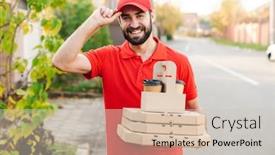  Presentation with pizza delivery - Theme featuring image-of-smiling-young-delivery background and a soft green colored foreground