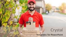  Presentation with takeaway coffee - Audience pleasing slides consisting of image-of-smiling-young-delivery backdrop and a soft green colored foreground