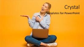  Presentation with lady - Amazing PPT theme having image of smiling young lady backdrop and a yellow colored foreground