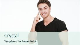  Presentation with black and white old phone - Audience pleasing slide deck consisting of image of smiling young man backdrop and a sky blue colored foreground