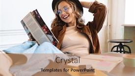  Presentation with reading table - Beautiful PPT theme featuring image-of-smiling-young-woman backdrop and a coral colored foreground