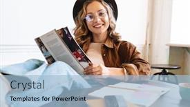  Presentation with reading table - Slides with image-of-smiling-young-woman background and a light blue colored foreground