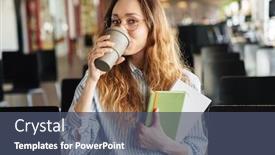  Presentation with takeaway coffee - Slides consisting of image-of-smiling-young-woman background and a ocean colored foreground