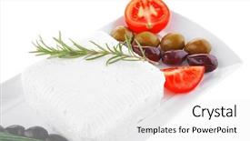  Presentation with cube - Slide deck consisting of image of soft feta cube and bread toast on plate background and a white colored foreground