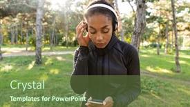  Presentation with black-woman - Cool new theme with image of sportive woman 20s wearing black tracksuit and headphones using mobile phone while walking through green park backdrop and a tawny brown colored foreground