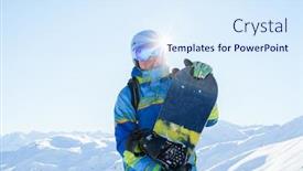  Presentation with snowboard - Presentation design consisting of image of sportsman in blue helmet and goggles with snowboard at ski resort in afternoon background and a sky blue colored foreground
