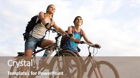  Presentation with bicycles - Presentation having image of sporty couple on bicycles outdoors looking somewhere with smiles background and a violet colored foreground