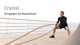  Presentation with battle - Presentation design consisting of image of strong old man in tracksuit doing exercise with battle ropes while working out near seaside in morning background and a white colored foreground