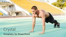  Presentation with strong - Theme having image of strong shirtless man doing plank exercise at sports stadium while doing workout outdoors background and a soft green colored foreground
