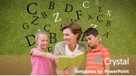  Presentation with digital image - Colorful presentation theme enhanced with image of students with book backdrop and a coral colored foreground