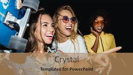 Presentation with girls night - PPT layouts featuring image of stylish multinational girls in streetwear smiling and holding skateboards at night walk outdoors background and a coral colored foreground
