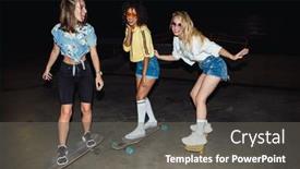  Presentation with girls night - Slides having image of stylish multinational girls in streetwear smiling and riding skateboards at night outdoors background and a gray colored foreground