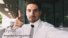  Presentation with formal - Colorful presentation theme enhanced with image of successful businessman dressed in formal suit standing outside glass building and taking selfie photo backdrop and a light gray colored foreground