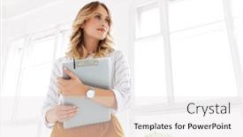  Presentation with secretary - Beautiful slide deck featuring image of successful elegant secretary woman holding clipboard in white office backdrop and a white colored foreground