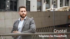 Presentation with entrepreneur - Audience pleasing presentation theme consisting of image of successful entrepreneur man 40s in formal wear looking aside while standing and drinking takeaway coffee in front of modern business center backdrop and a dark gray colored foreground