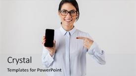  Presentation with successful - Audience pleasing PPT theme consisting of image of successful office woman backdrop and a light gray colored foreground
