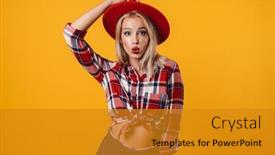  Presentation with hat - Presentation design having image-of-surprised-beautiful-pinup background and a gold colored foreground