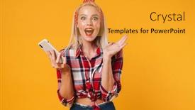  Presentation with phone - Presentation design with image-of-surprised-blonde-pinup background and a gold colored foreground