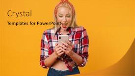  Presentation with phone - Presentation design enhanced with image-of-surprised-blonde-pinup background and a gold colored foreground