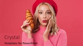  Presentation with croissant - Presentation design with image-of-surprised-blonde-woman background and a coral colored foreground