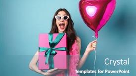  Presentation with balloon - Beautiful presentation theme featuring image-of-surprised-brunette-woman backdrop and a teal colored foreground