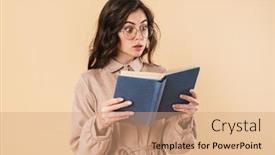  Presentation with beige book - Colorful theme enhanced with image-of-surprised-caucasian-woman backdrop and a coral colored foreground