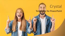  Presentation with denim - Presentation theme featuring image of surprised couple man and woman in denim clothes smiling while pointing fingers upward at copyspace isolated over yellow background background and a yellow colored foreground