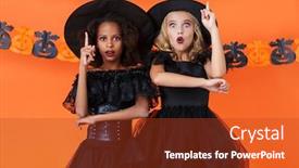  Presentation with black girls - PPT layouts enhanced with image of surprised multinational girls in black halloween costumes pointing fingers upward isolated over orange pumpkin wall background and a crimson colored foreground